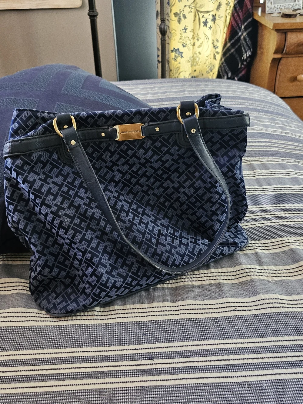 Tommy Hilfiger Navy Jacquard Shoulder Tote with Gold Hardware